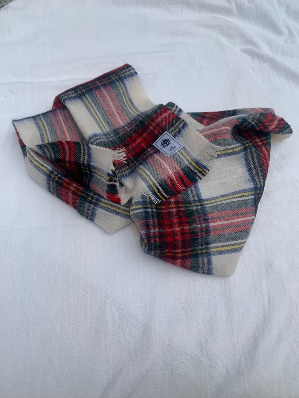 Vintage Wolf Brand 100% Pure Wool Tartan Scarf Plaid Red Cream Dark Academia